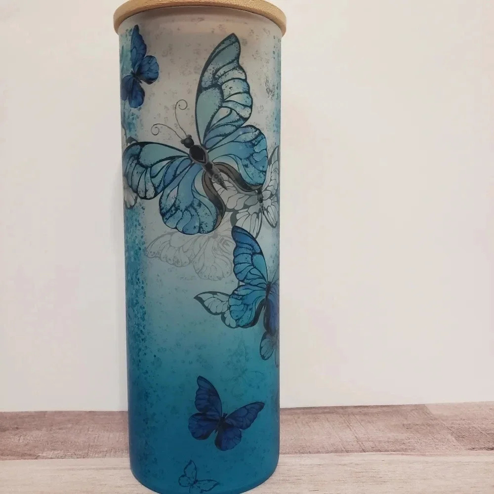 Butterfly‎ leopard print ombre frosted glass tumbler with lid and straw